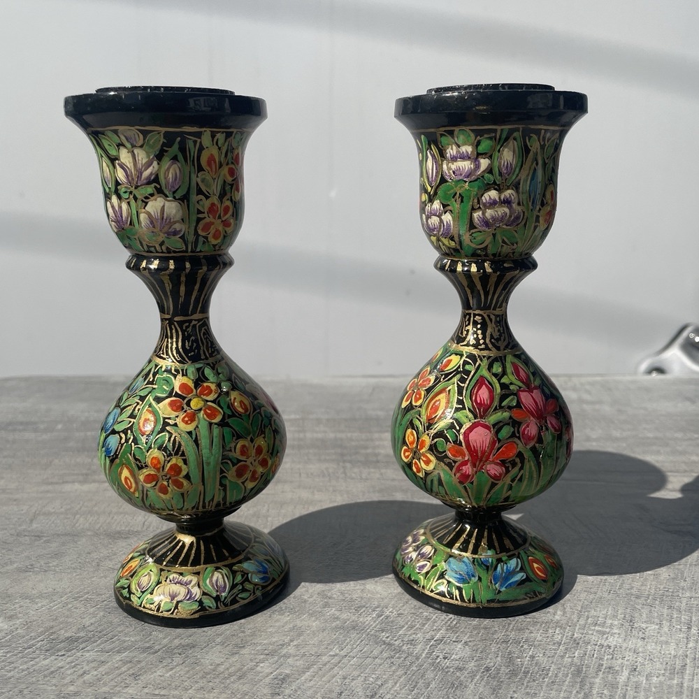 Hand Painted Floral‎ Paper Mache Candleholders